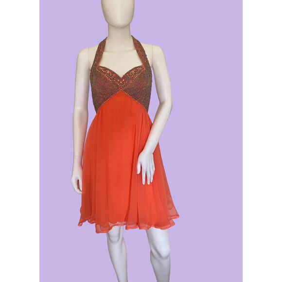 Vintage 60s 1960s Mike Benet Formals Beaded Chiffon Coral Mod GoGo Party Dress - Picture 1 of 12